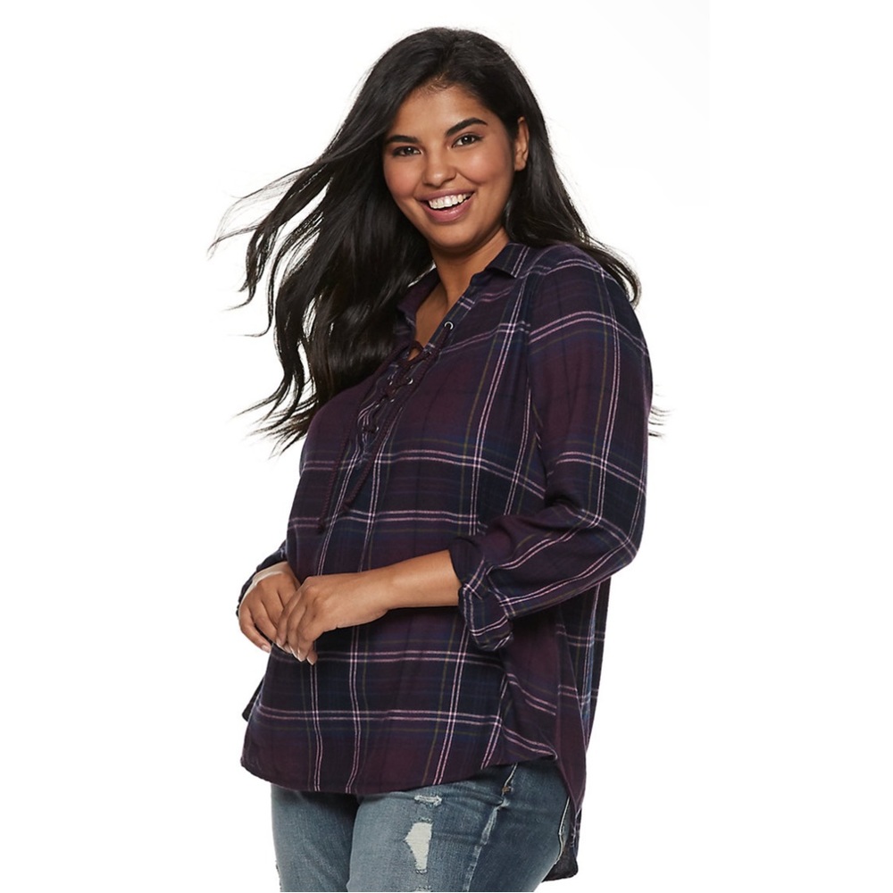 Mudd High-Low Plaid Flannel Purple Juniors Size M